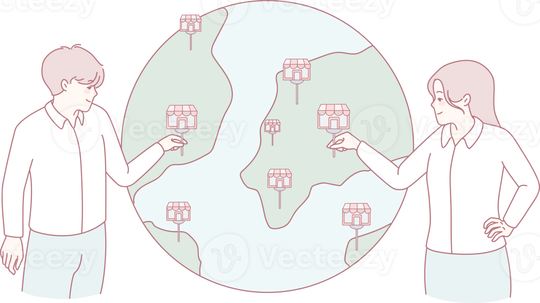 An engaging illustration showcasing two individuals actively discussing different property locations on a global map png