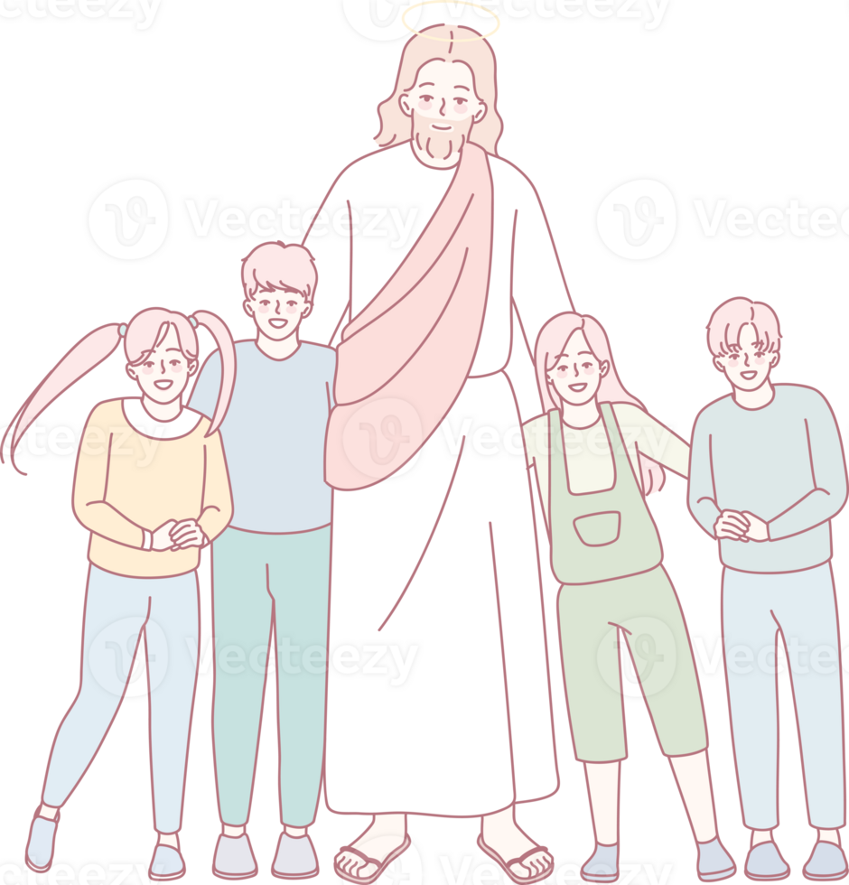 A colorful illustration of Jesus joyfully with diverse children, celebrating harmony and togetherness png