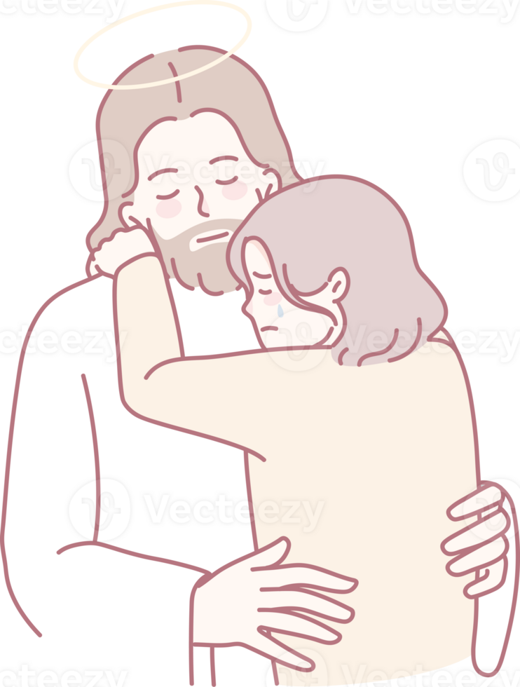 An illustration of a comforting embrace with a divine figure, symbolizing deep love and unwavering support png