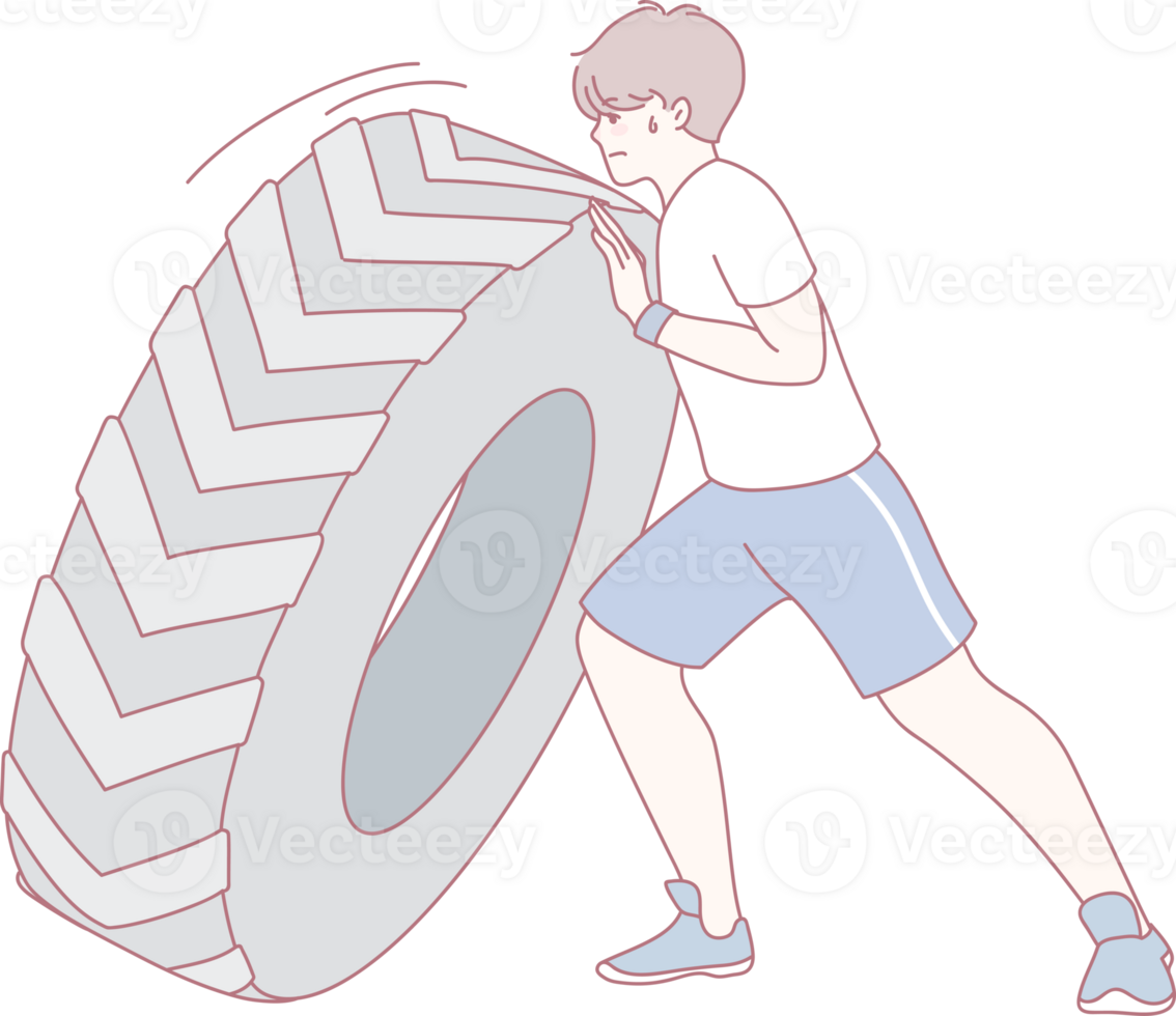A young individual is energetically pushing a large tire as part of their strength training routine for fitness png