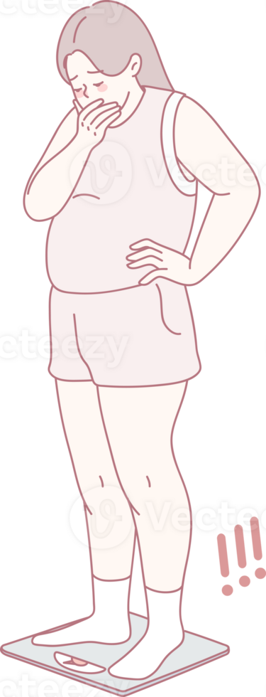 A woman appears visibly shocked and surprised while weighing herself on a scale, displaying emotions of concern png
