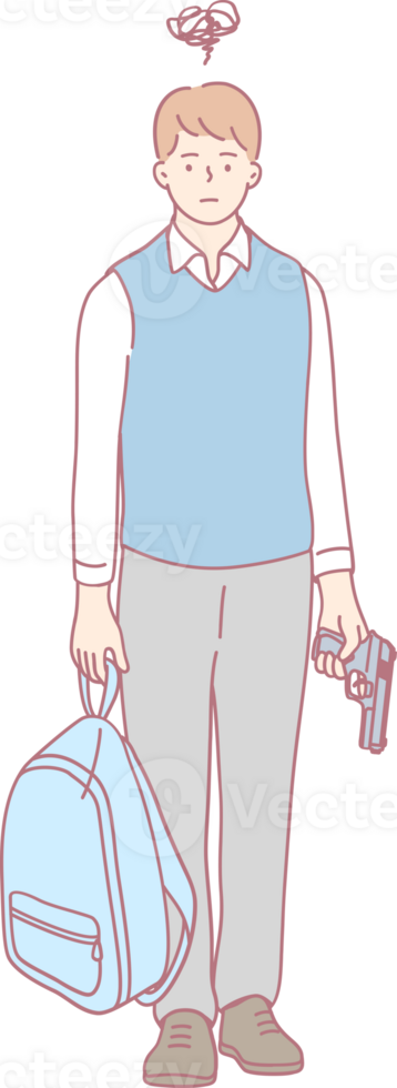 Illustration of a young man holding a backpack in one hand and a gun in the other, symbolizing modern lifes tension png
