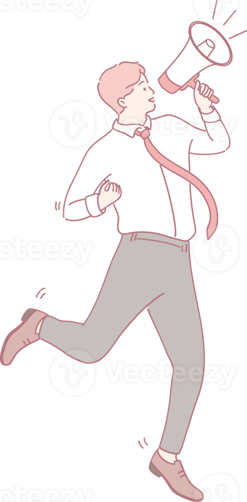 An animated illustration showcases a businessman who is energetically promoting a dynamic message using a megaphone png