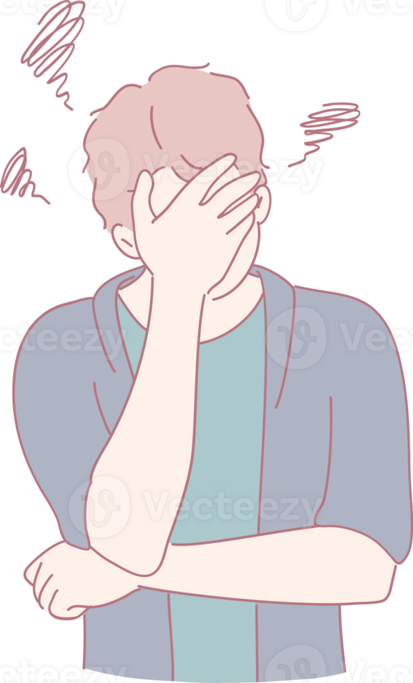 A young man, visibly frustrated, has one hand covering his face, which illustrates a deeply relatable emotion png