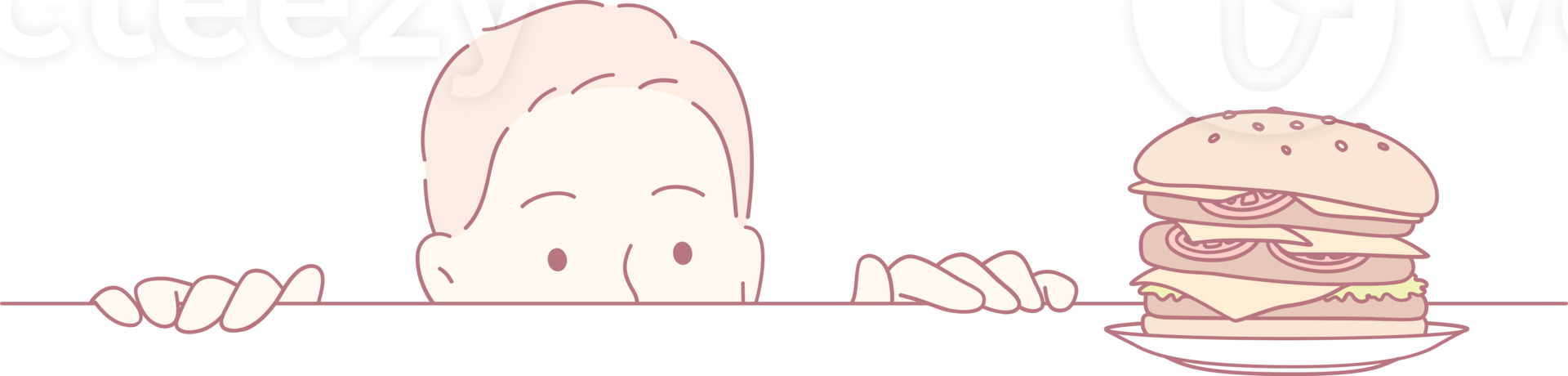 A young child is eagerly waiting with excitement for a delicious hamburger, displaying curiosity and a strong hunger png