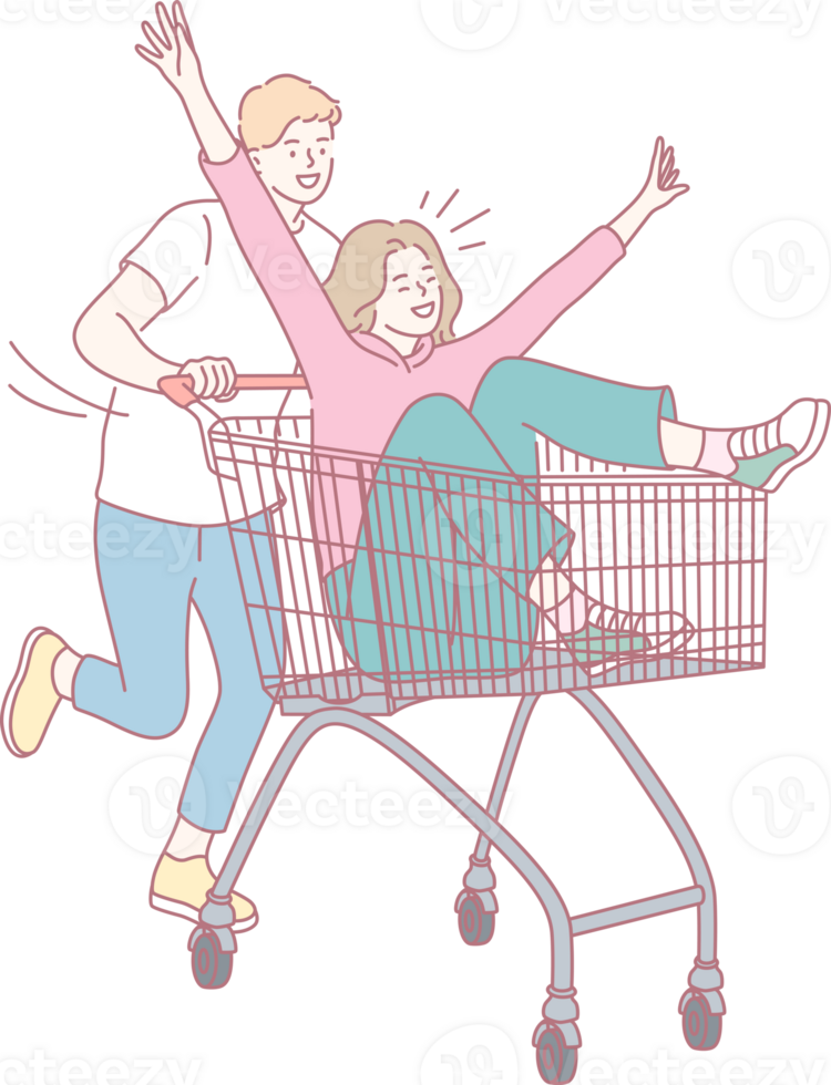 A couple joyfully rides a shopping cart, showcasing happiness and spontaneity in a vibrant urban setting png
