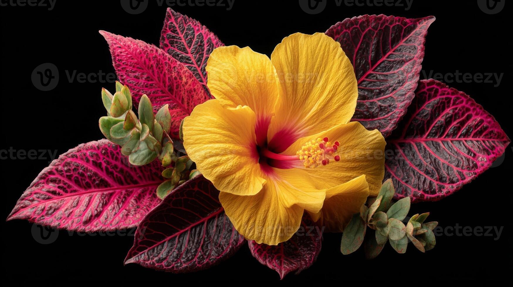 Yellow Hibiscus with Pink and Purple Leaves on Black Background photo