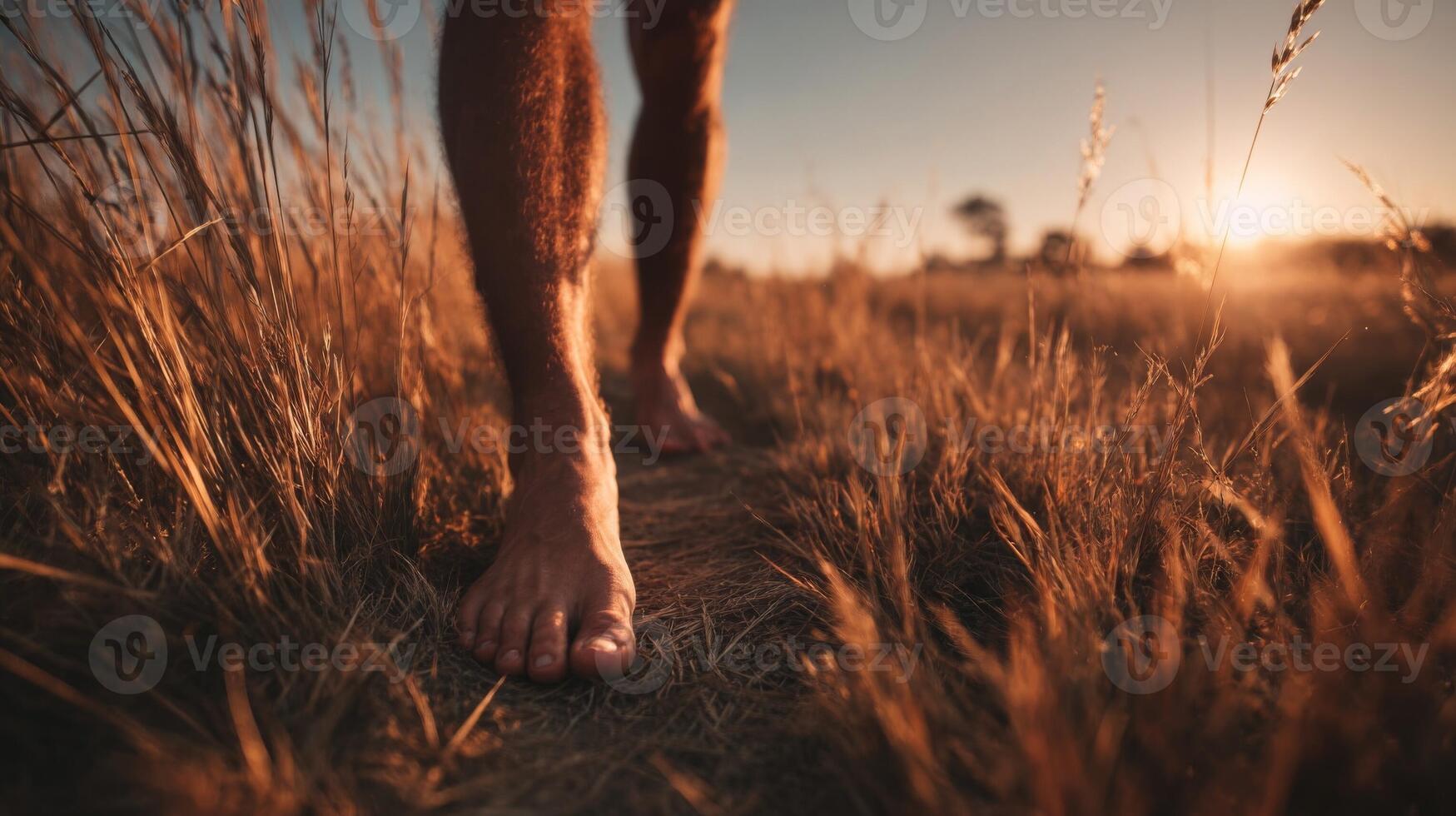 Barefoot Man Walking on a Path at Sunset photo