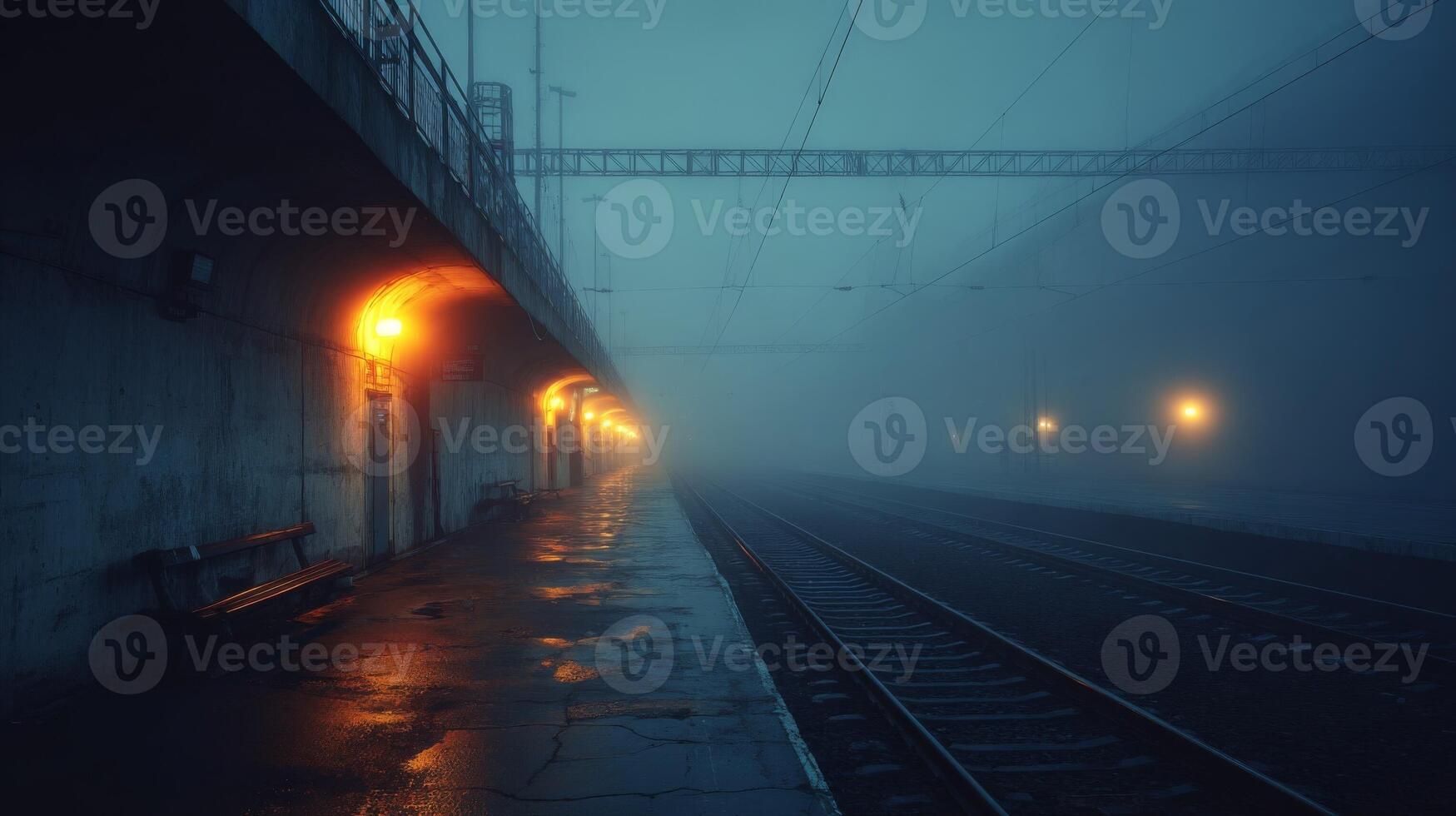 Empty Train Station at Night in Fog photo