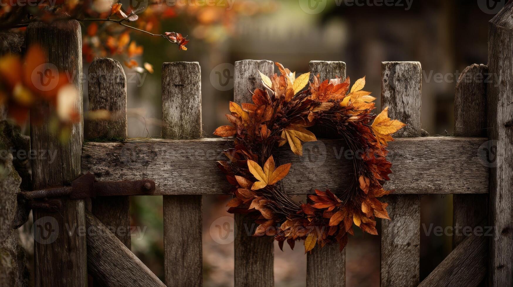 Autumn Leaf Wreath on Rustic Wooden Fence photo