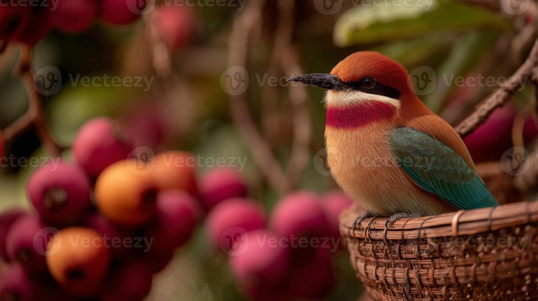 Colorful Bird in Woven Basket Amidst Red Berries photo
