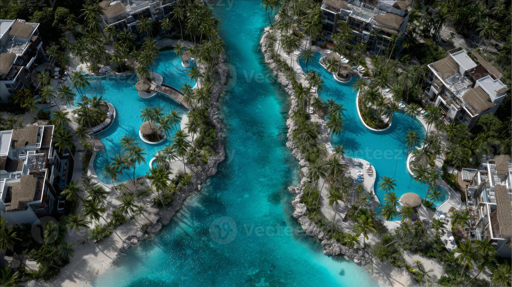 Aerial View of Luxurious Tropical Resort with Turquoise Pools and Lush Greenery photo