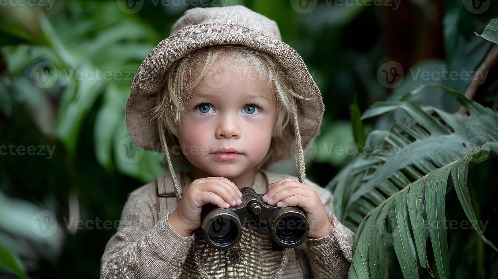 A Blonde Toddler in a Beige Hat Uses Binoculars in Lush Green Foliage photo