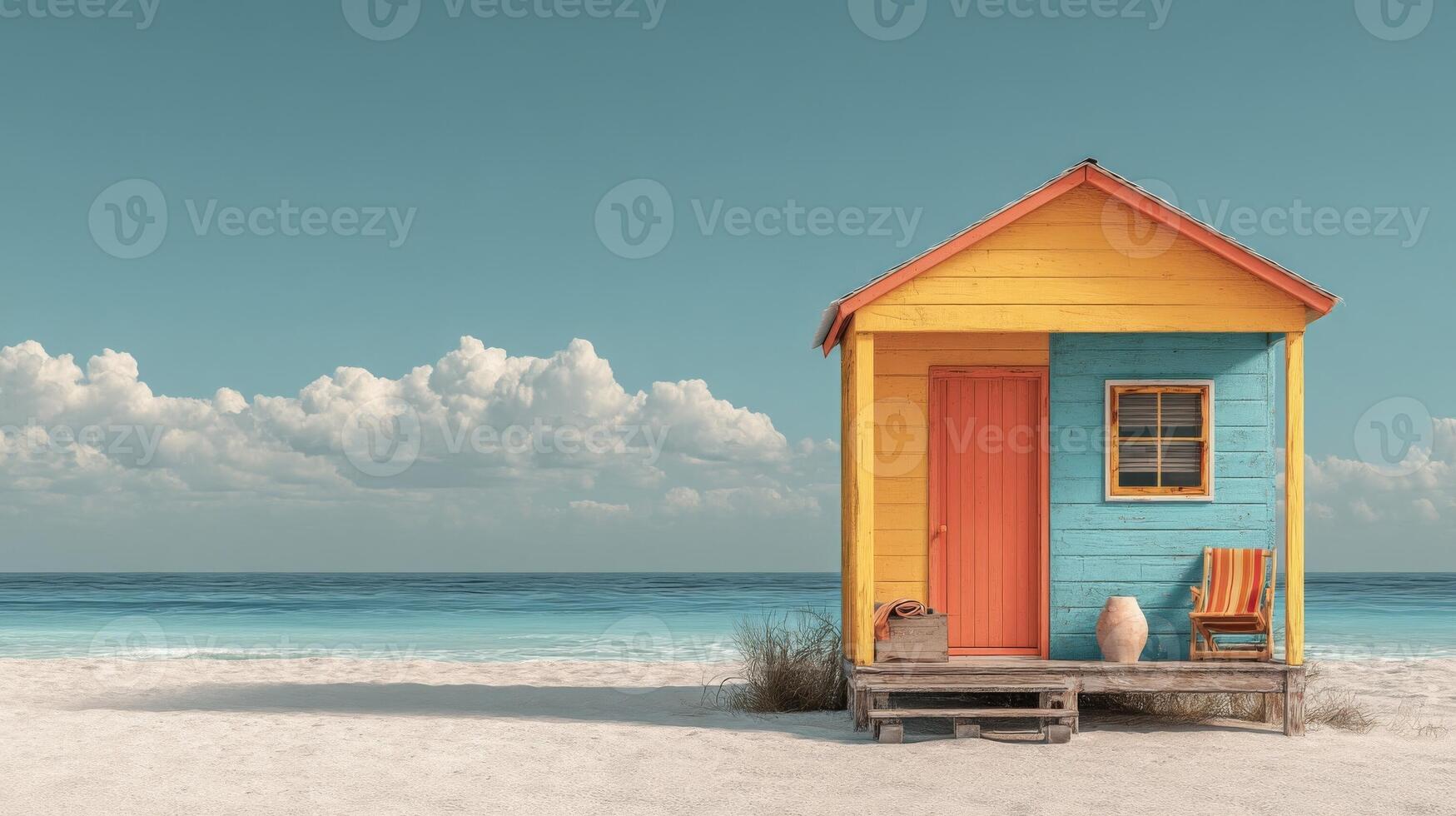 Bright Yellow And Blue Beach House On Sandy Shore photo
