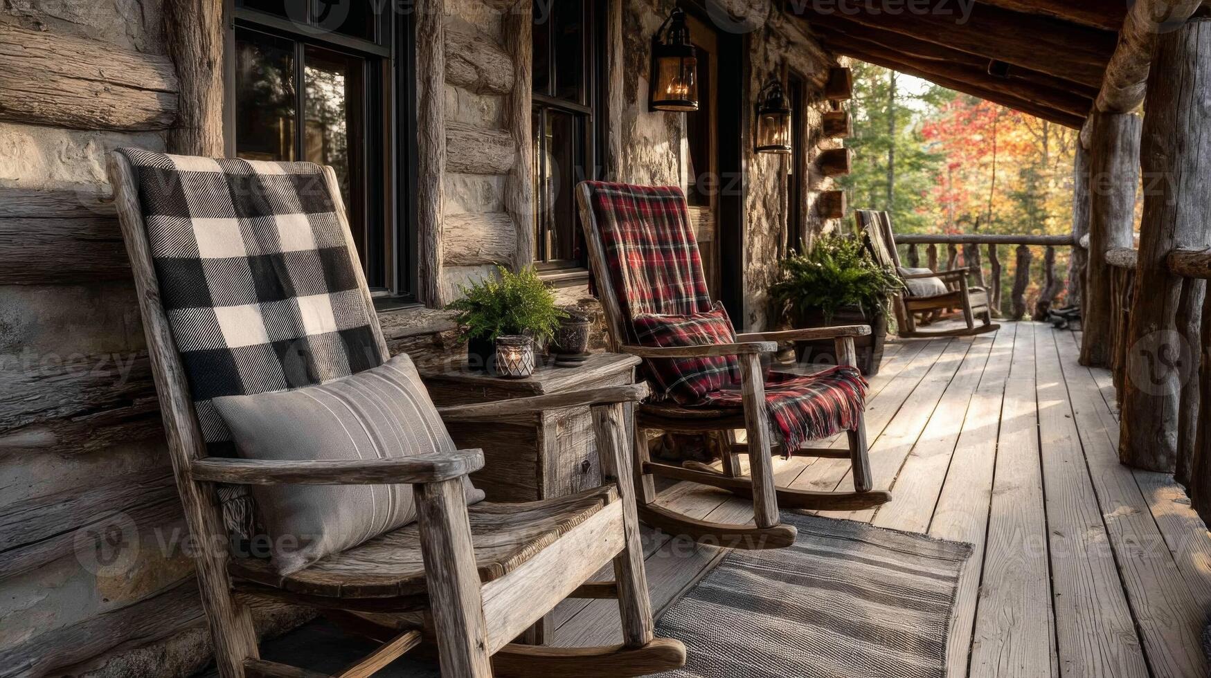 Rustic Log Cabin Porch with Rocking Chairs and Autumn Views photo