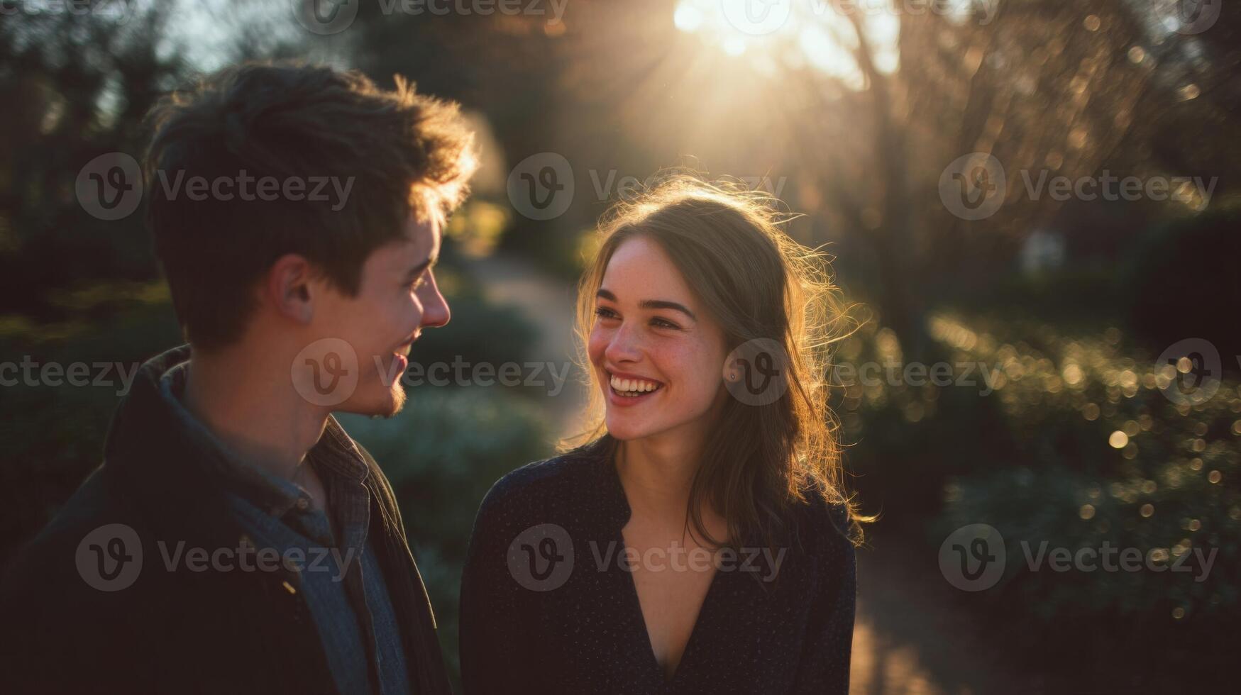 Happy Young Couple Smiling at Sunset in a Park photo