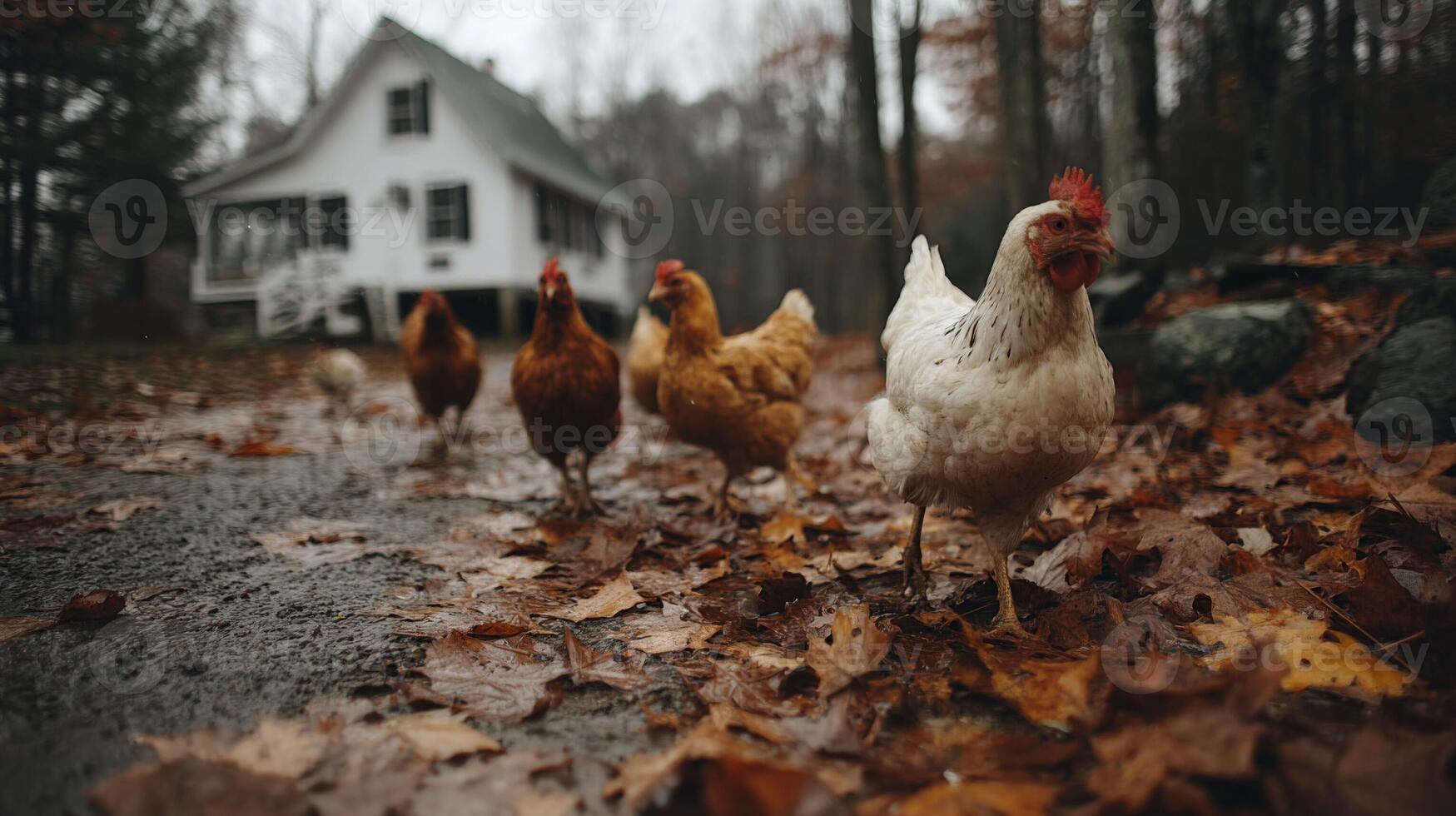 Hens Walking on a Wet Autumn Road Near a House photo