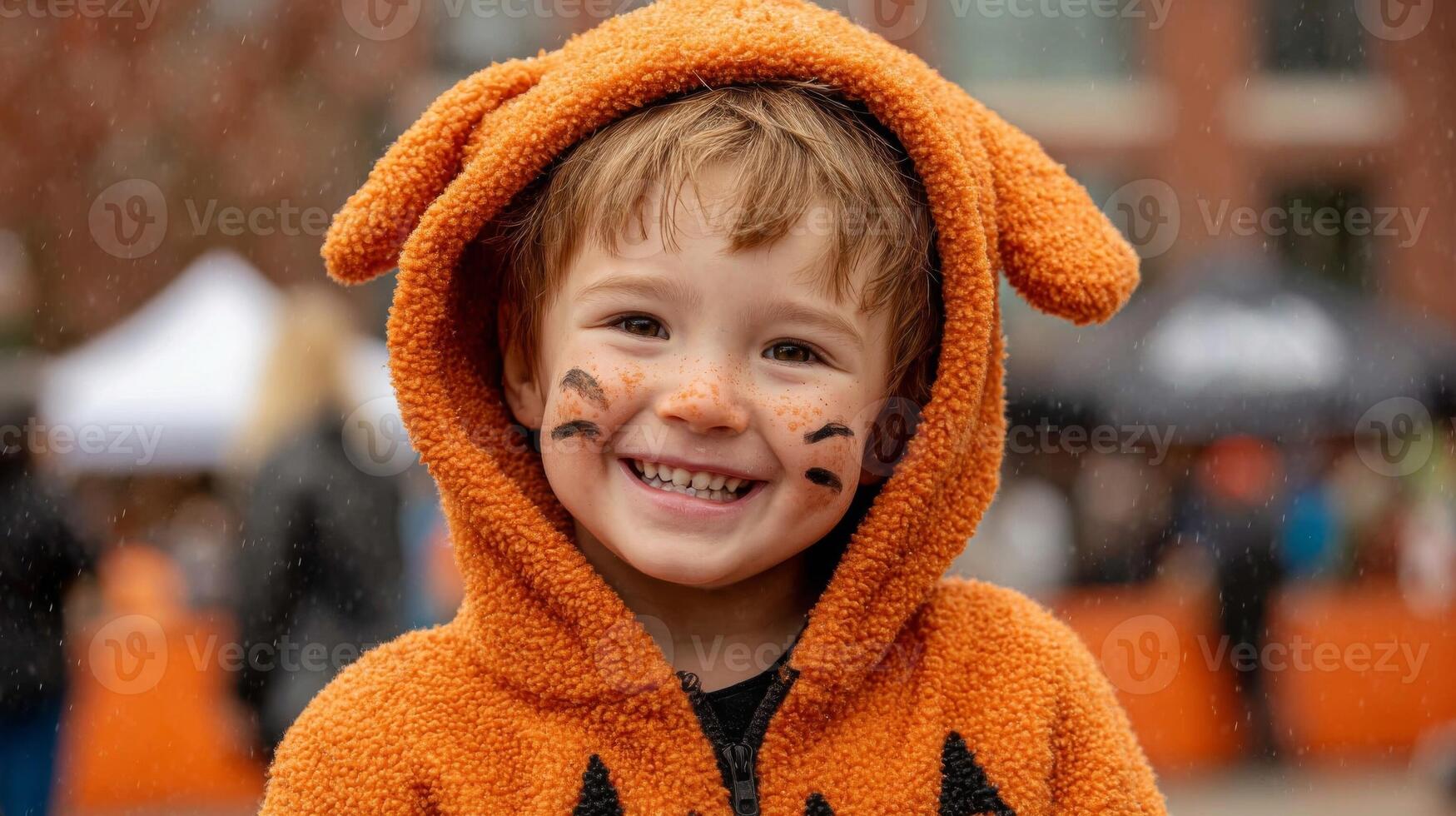 Smiling Toddler in Orange Pumpkin Halloween Costume photo