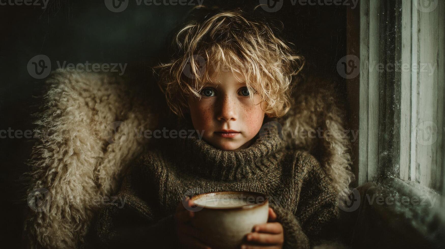 Portrait of a Toddler Boy with Curly Hair and Freckles, Sitting by a Window in Cozy Sweater photo