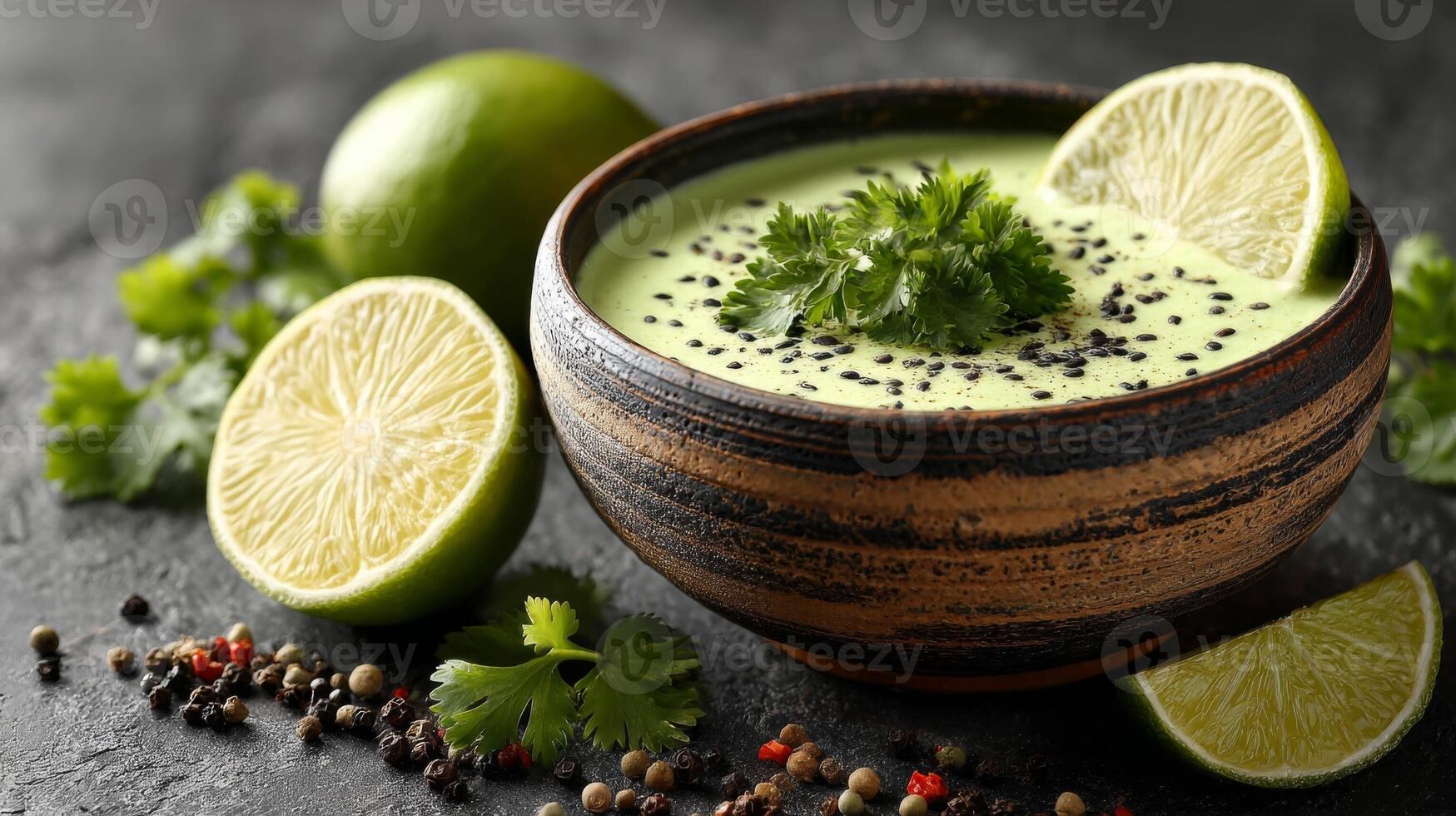 Vibrant Green Soup with Lime and Cilantro in Rustic Bowl photo