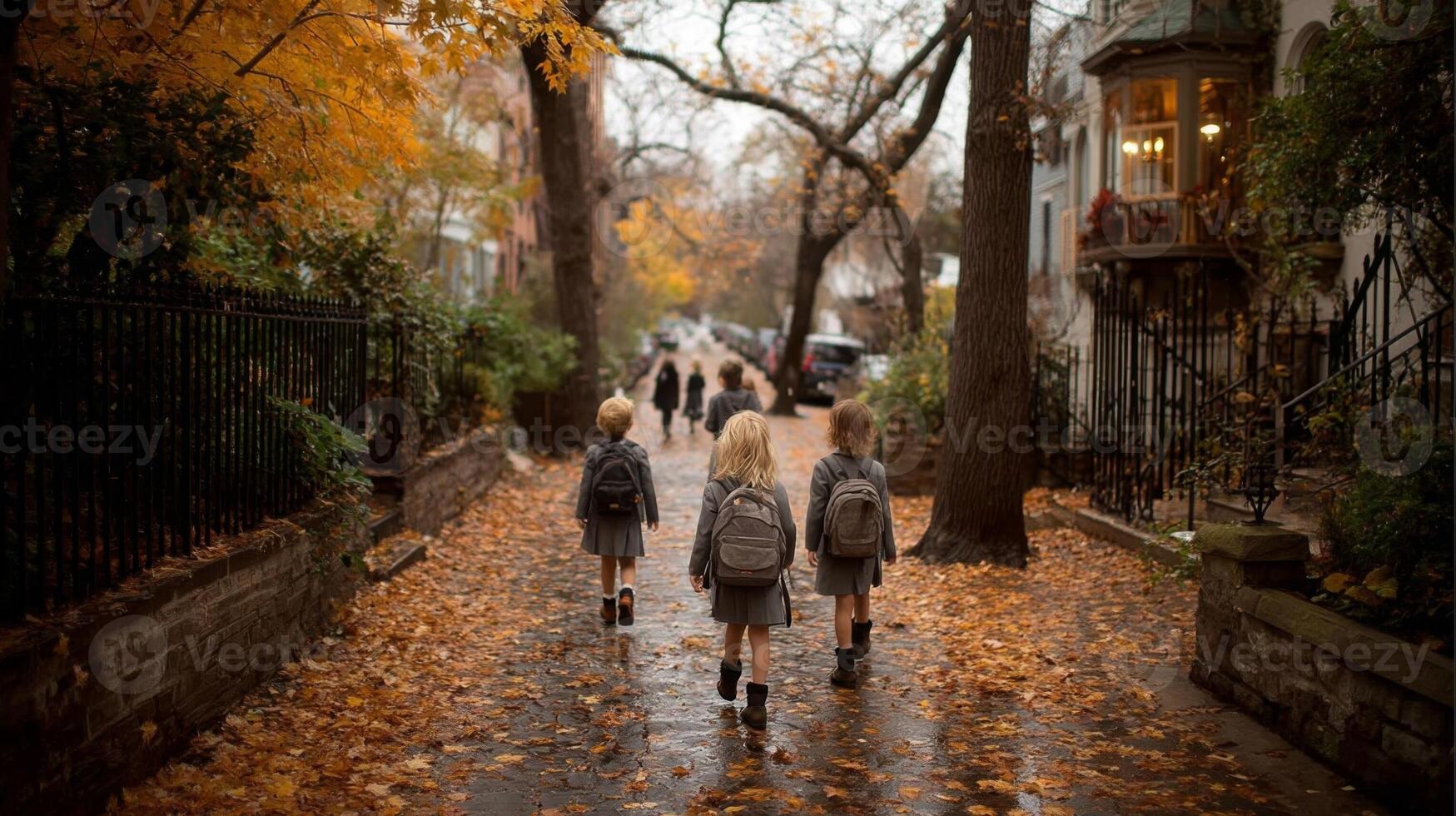 Children in Uniforms Walking on a Rainy Autumn Street photo