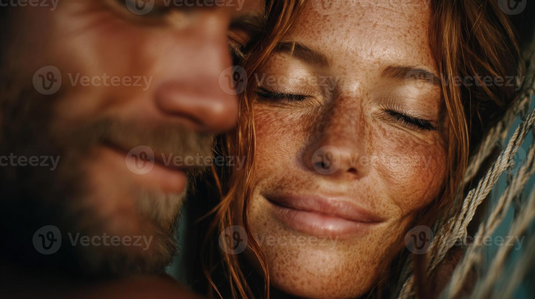 Close Up Portrait of a Romantic Couple Relaxing in Hammock photo
