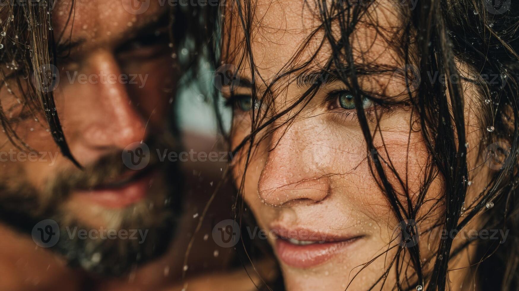 Close Up Portrait of a Wet Couple Showing Intimacy and Passion photo