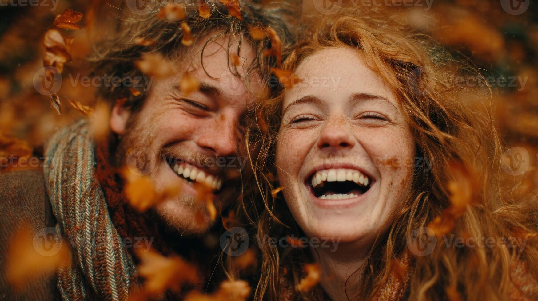 Happy Couple Laughing in Autumn Leaves photo