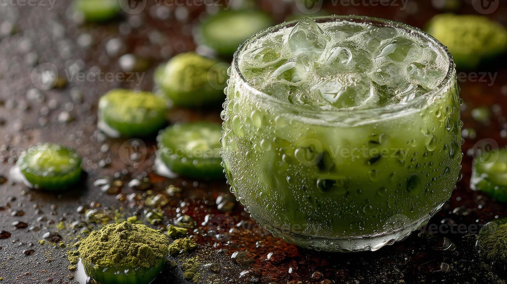 Refreshing Iced Matcha Cocktail with Cucumber Garnish photo