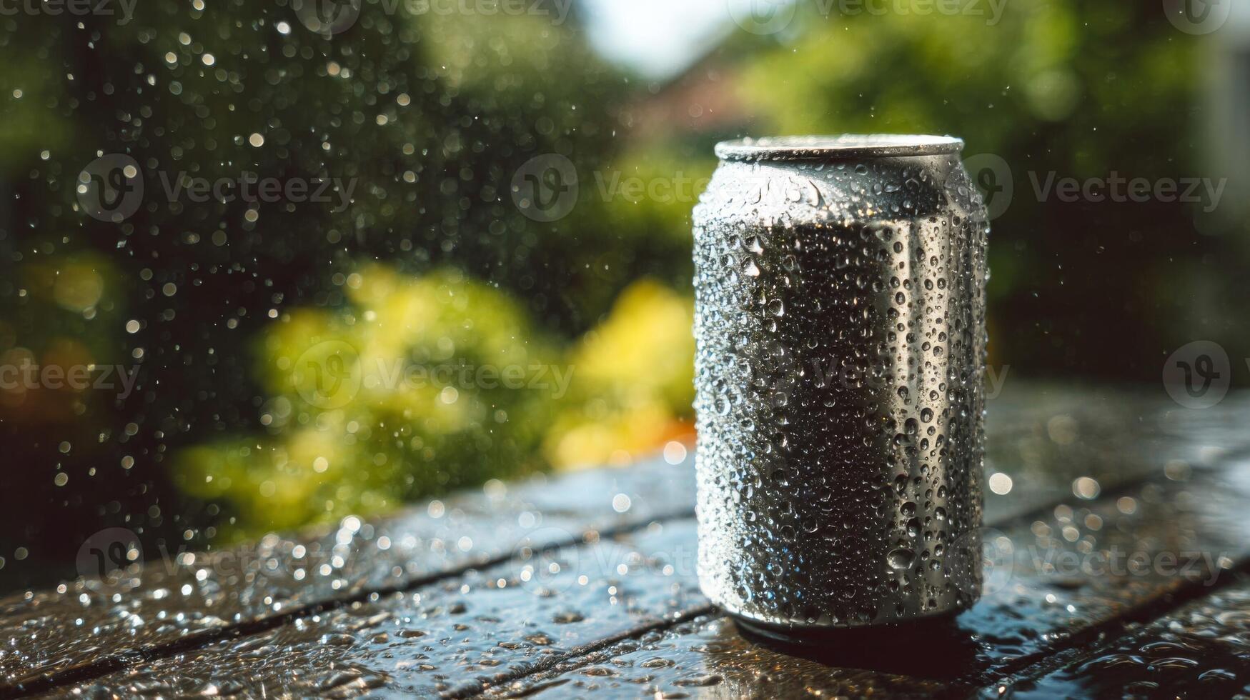 Aluminum Can with Water Drops on Wooden Table Outdoors photo