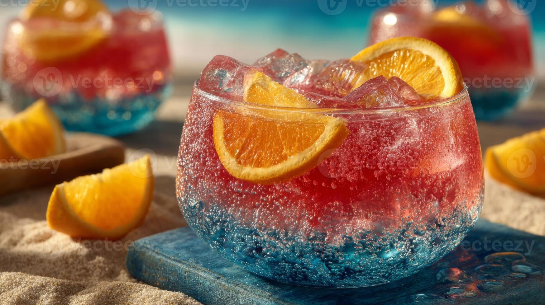 Refreshing Red Orange Summer Cocktail on Sandy Beach photo