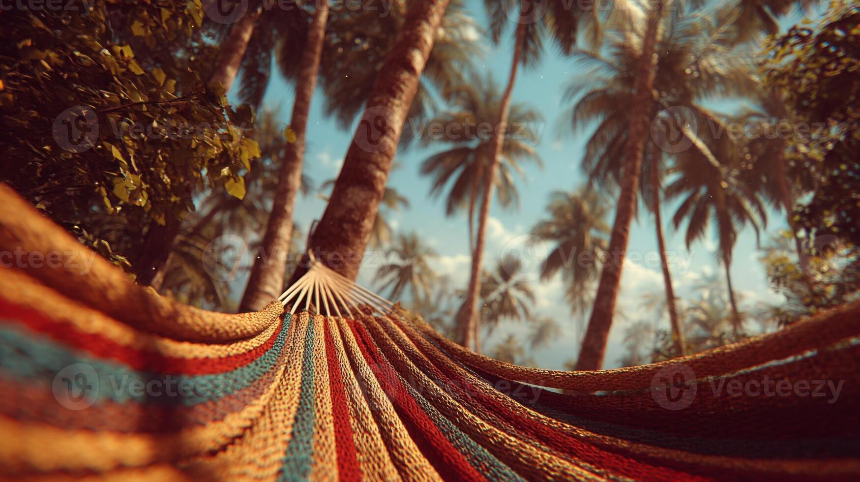 Relaxing in a Colorful Hammock Underneath Lush Palm Trees photo