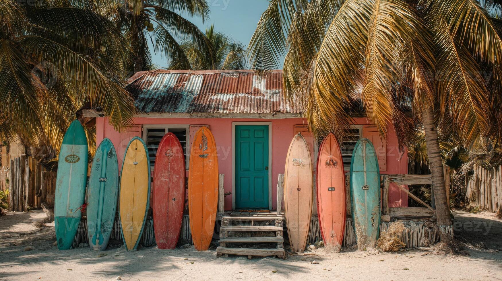 Colorful Surfboards Lean Against a Pink Beach House photo