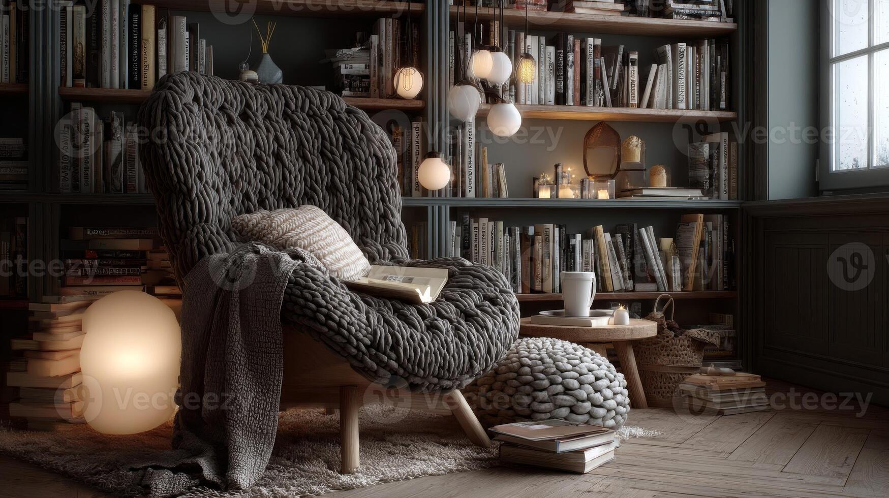 Cozy Reading Nook with Knitted Throw and Bookshelves photo