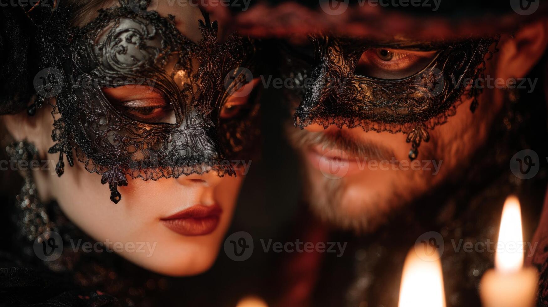 Closeup Portrait of Couple Wearing Elegant Black Lace Masks in Candlelit Setting photo
