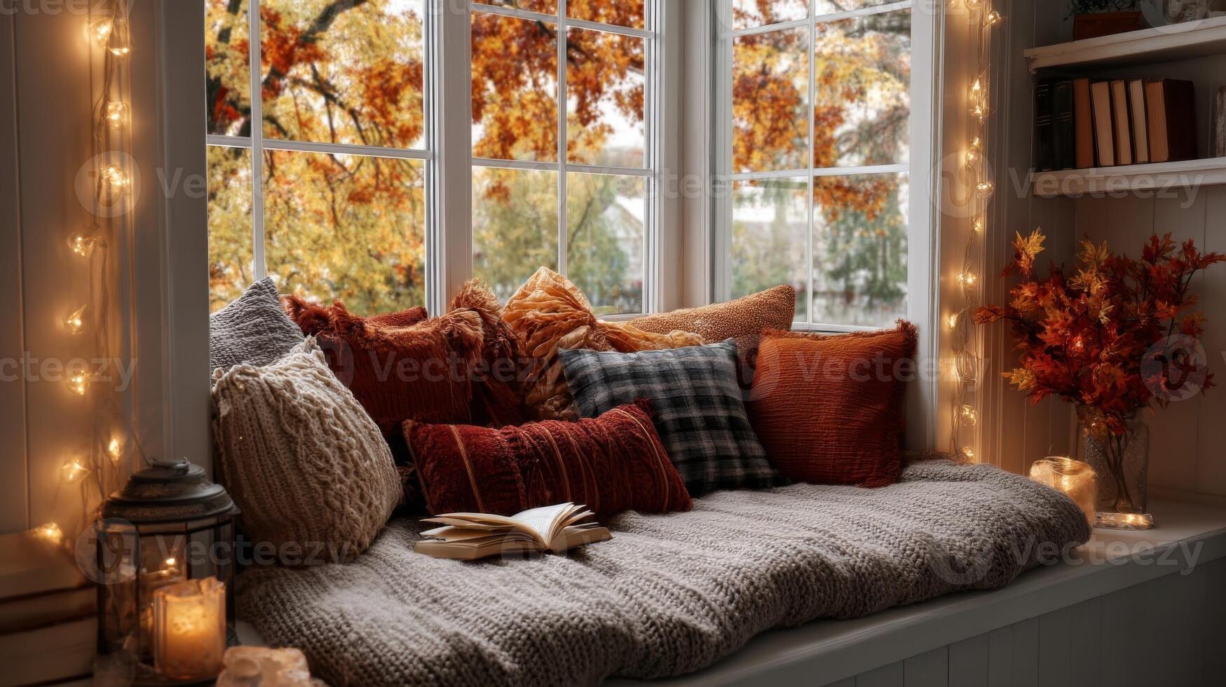 Cozy Autumn Window Seat with Pillows and Books photo