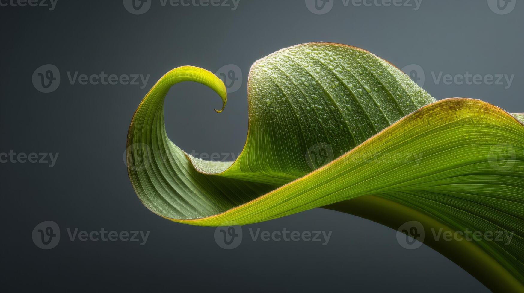 Green Leaf with Dew Drops, Curled Shape, Gray Background photo