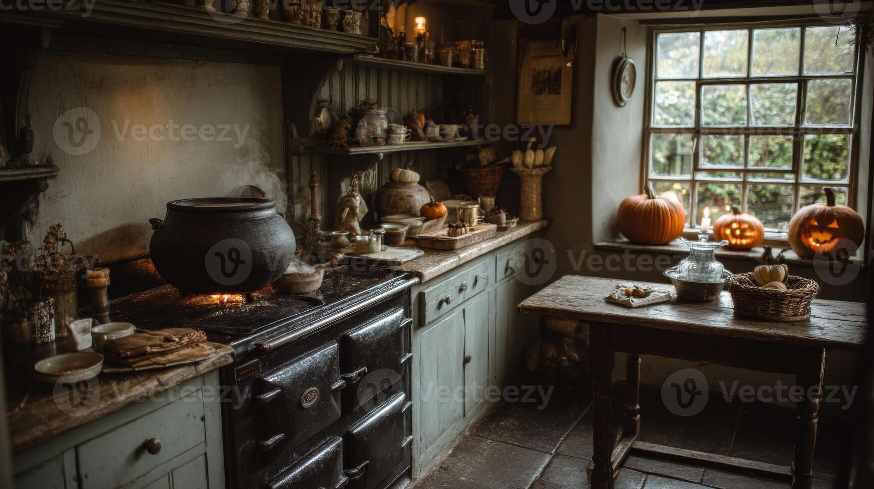 Rustic Kitchen with Pumpkins and Cauldron photo