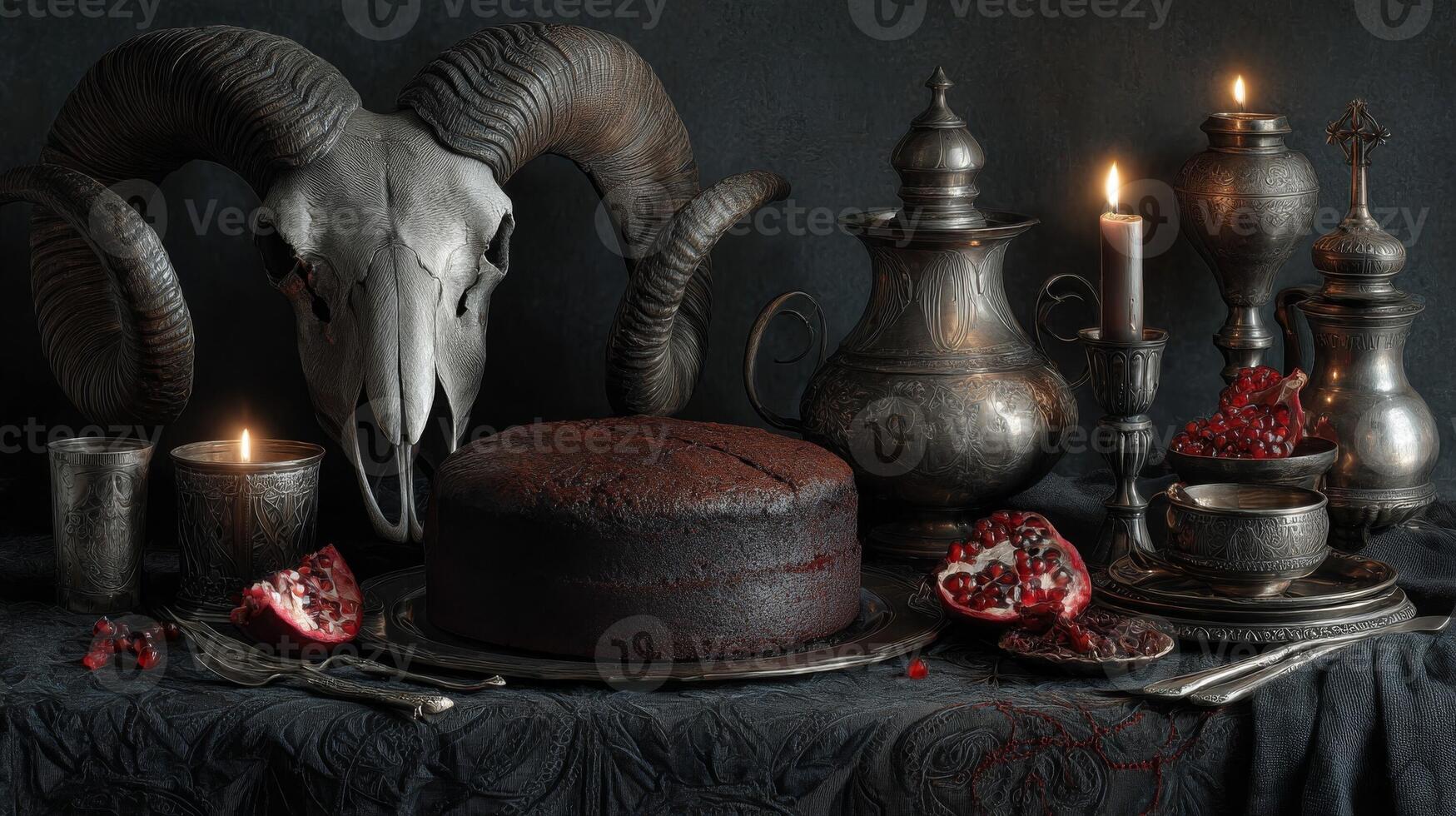 Dark Still Life with Chocolate Cake and Ram Skull photo