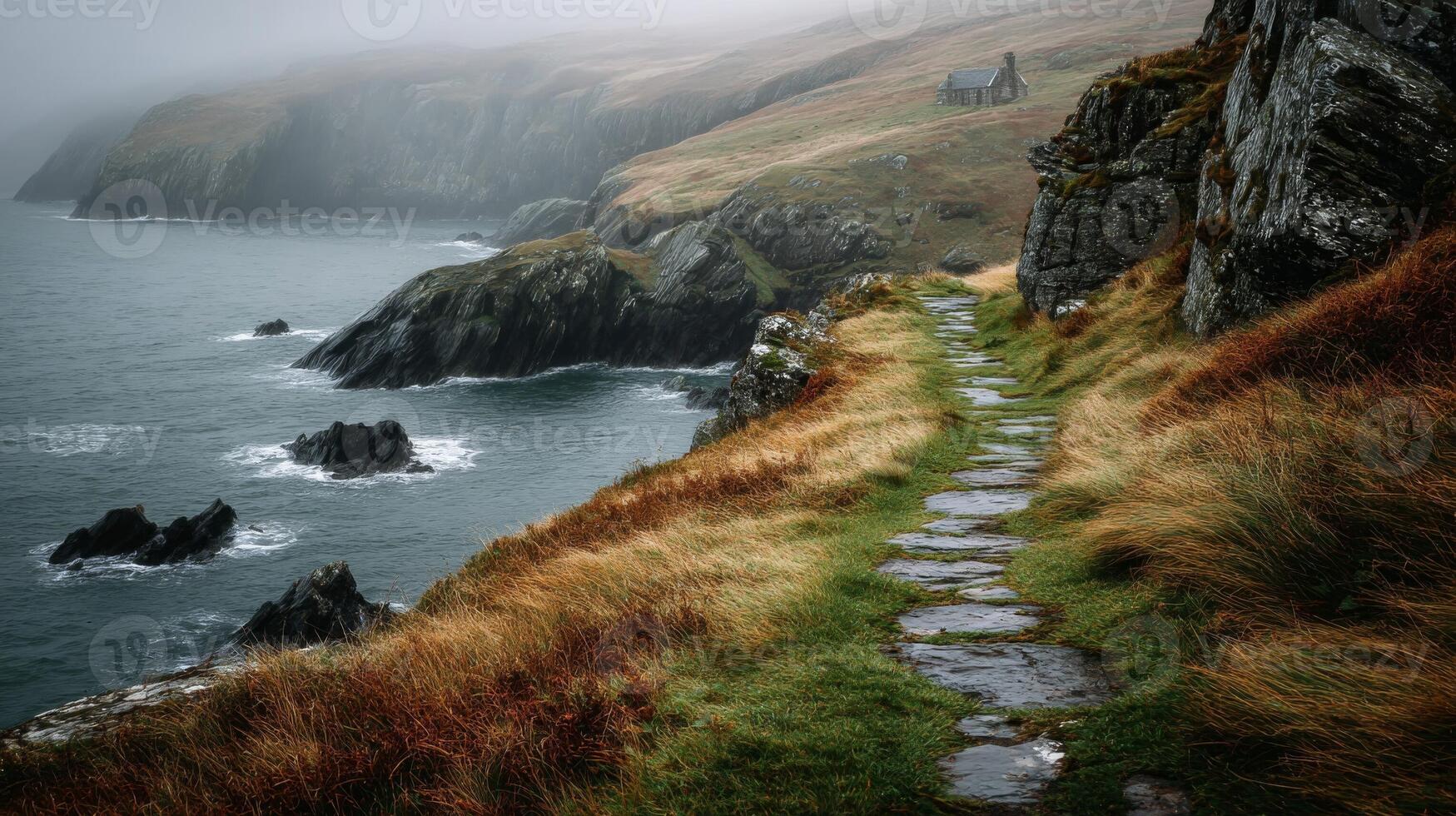 Coastal Stone Path on a Misty Ocean Cliff photo