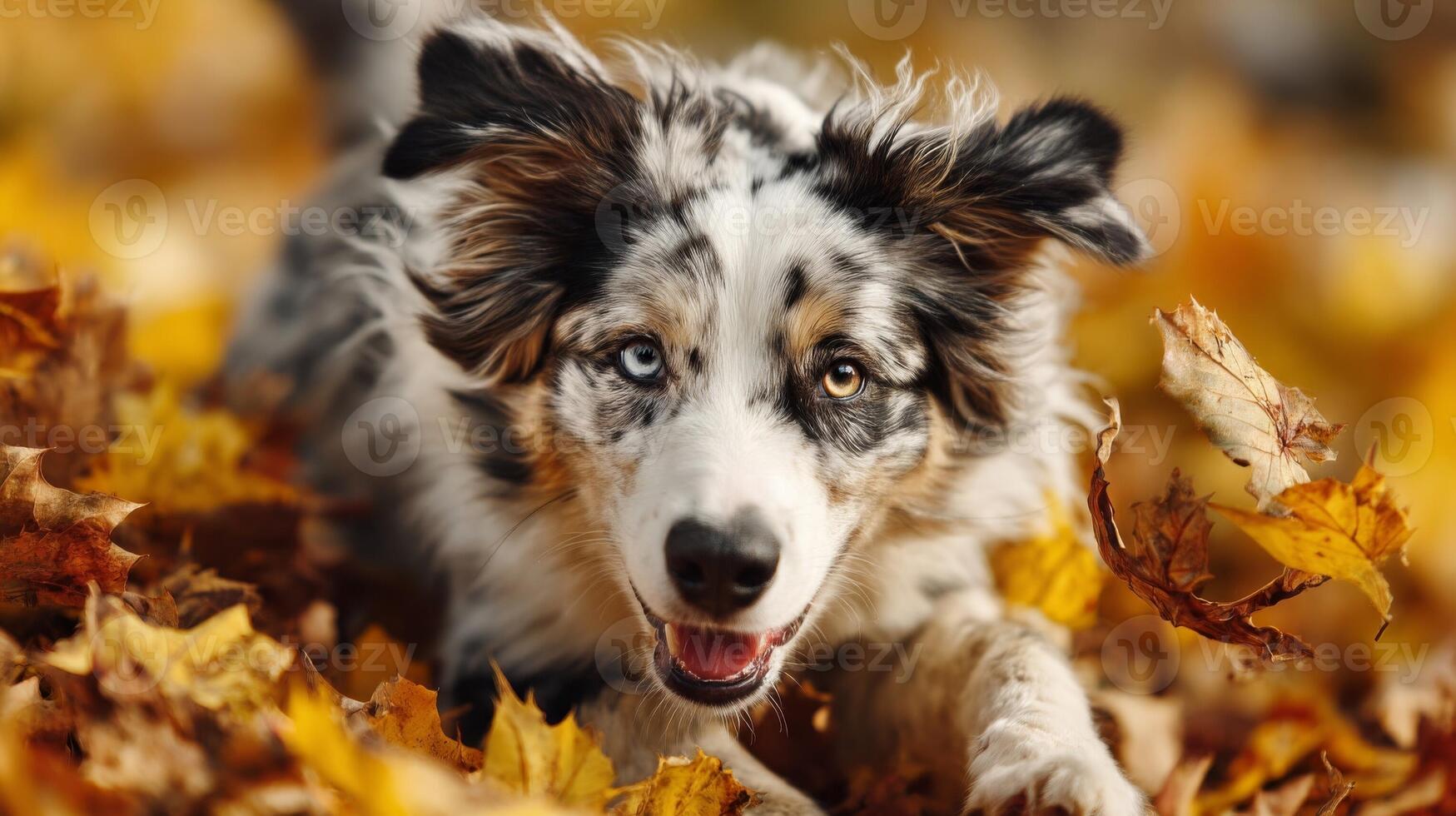 Playful Merle Border Collie Puppy Amidst Autumn Leaves photo