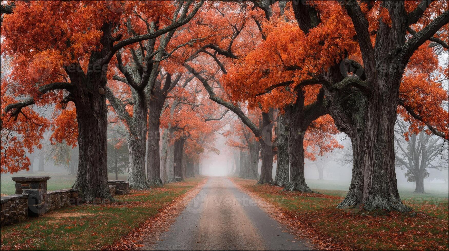 Autumnal Road Through Red Trees in Fog photo