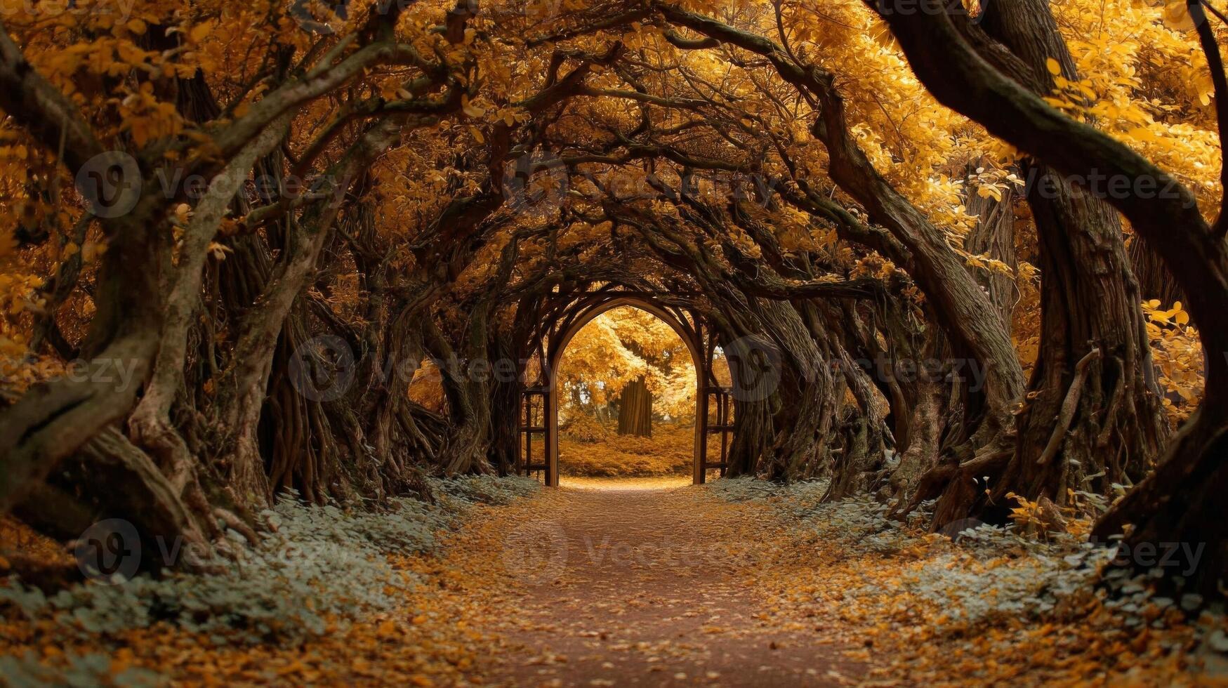 Autumnal Tree Tunnel Path with Gate photo