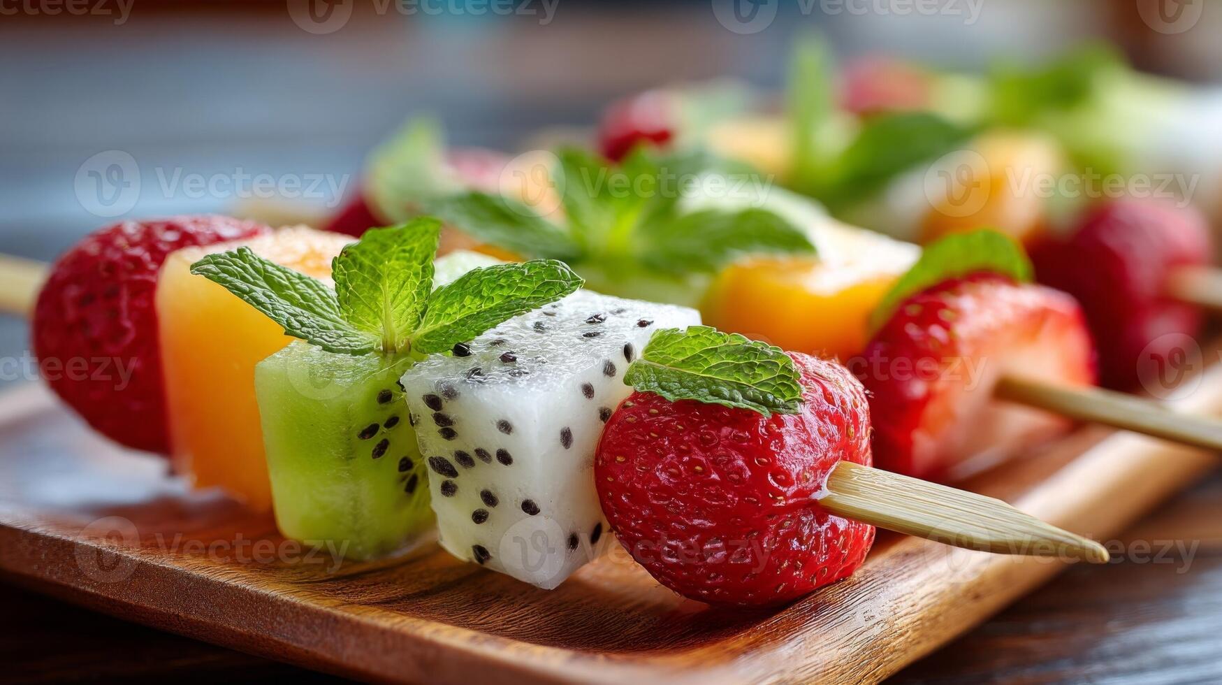 Colorful Fruit Skewers with Mint on Wooden Tray photo