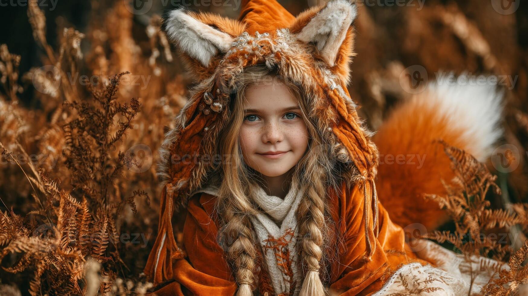 Girl in Fox Costume in Autumn Woods photo