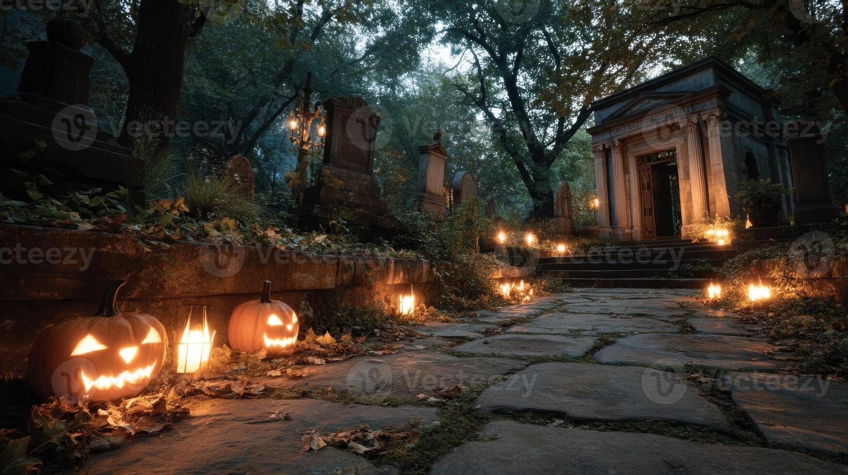 Spooky Halloween Cemetery Path with Lighted Pumpkins photo