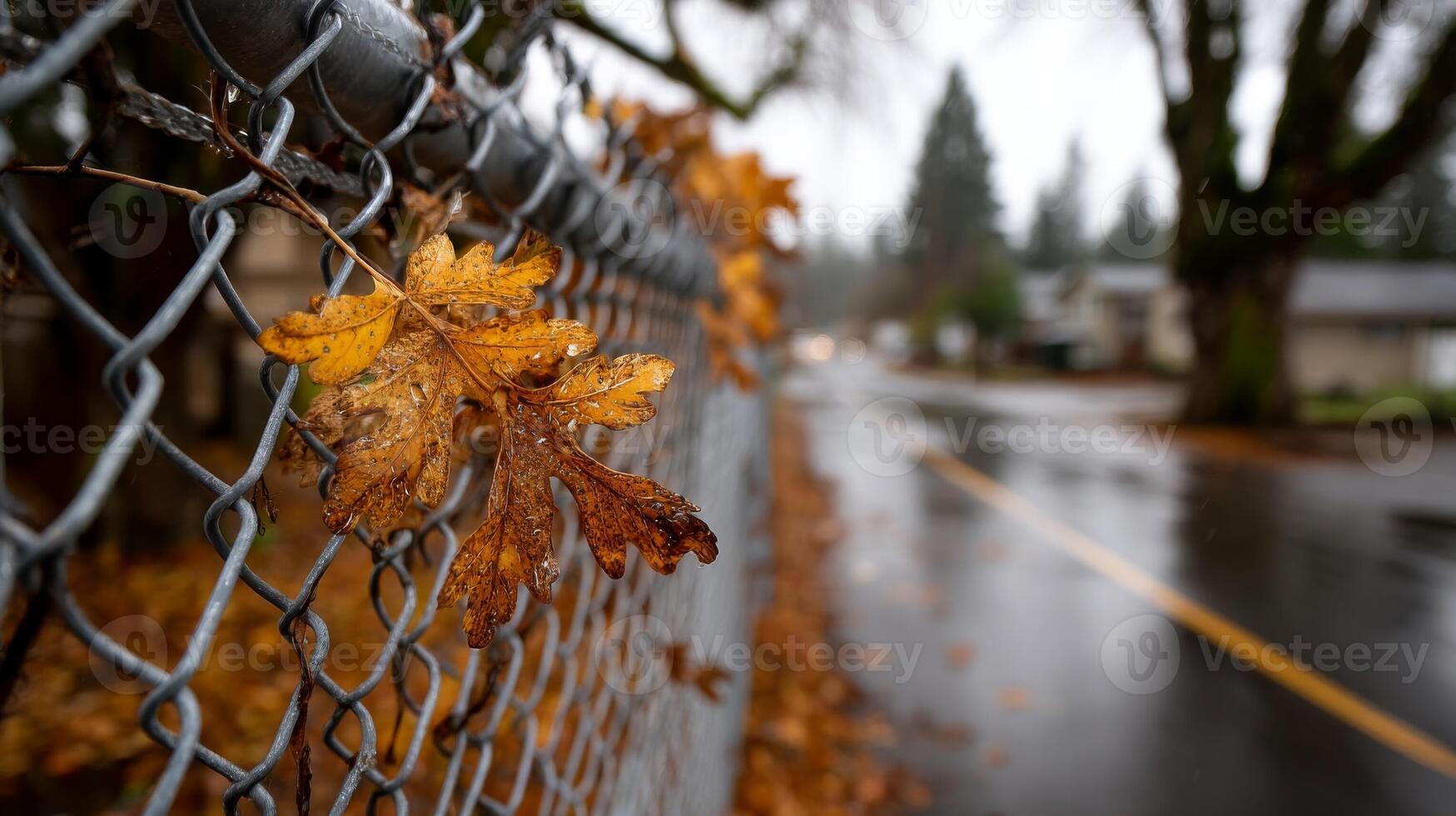 Wet Autumn Leaves on Chainlink Fence photo