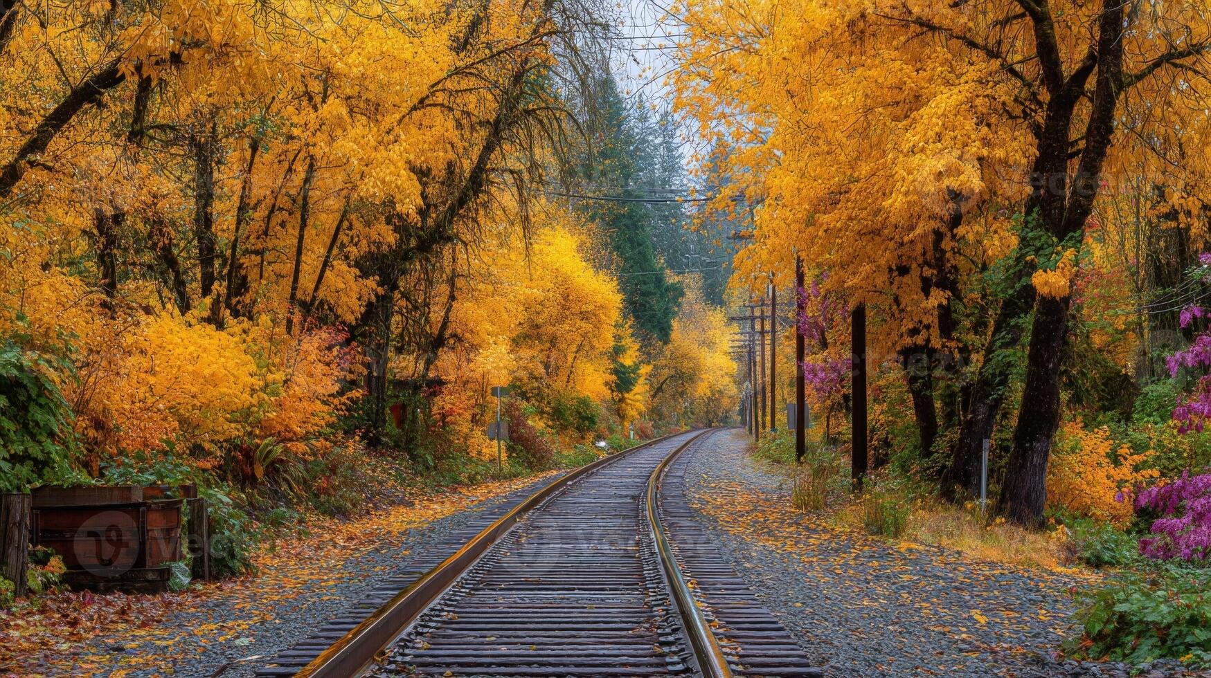Autumn Railroad Track Through Golden Leaves photo