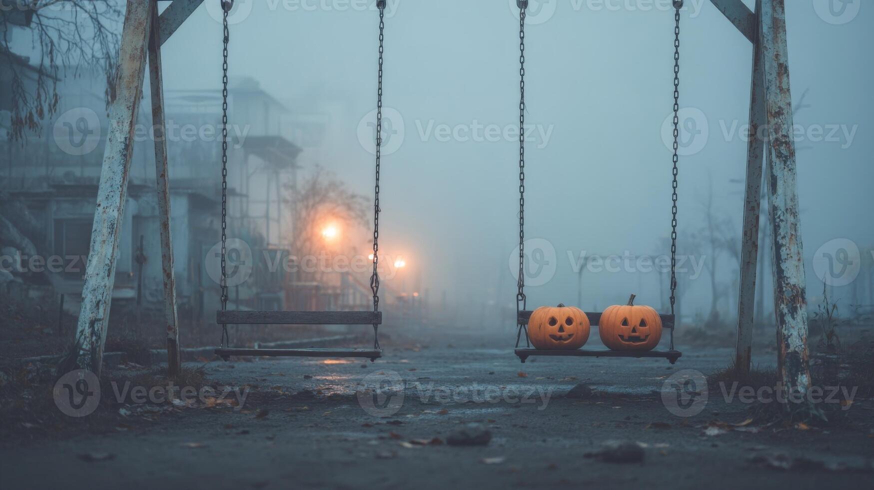 Spooky Pumpkins on Swing Set in Foggy Abandoned Place photo