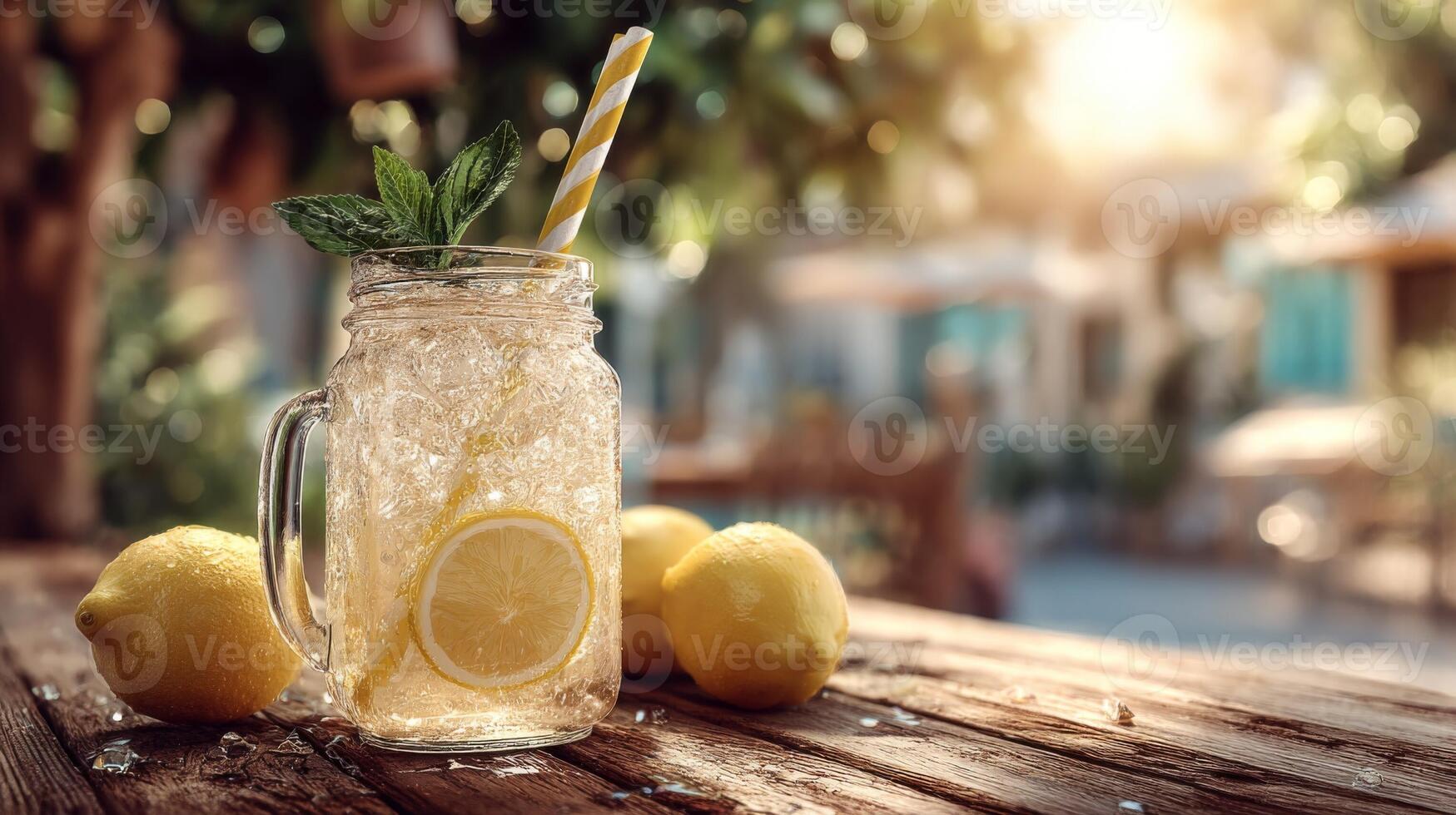Refreshing Lemonade in Mason Jar on Wooden Table photo